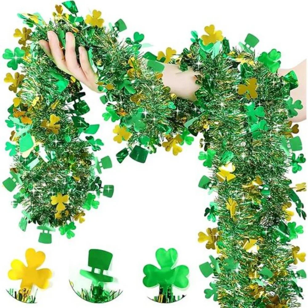 33 FT St Patricks Day Garland Decor Gold Green Shamrock Hat Tinsel Garland